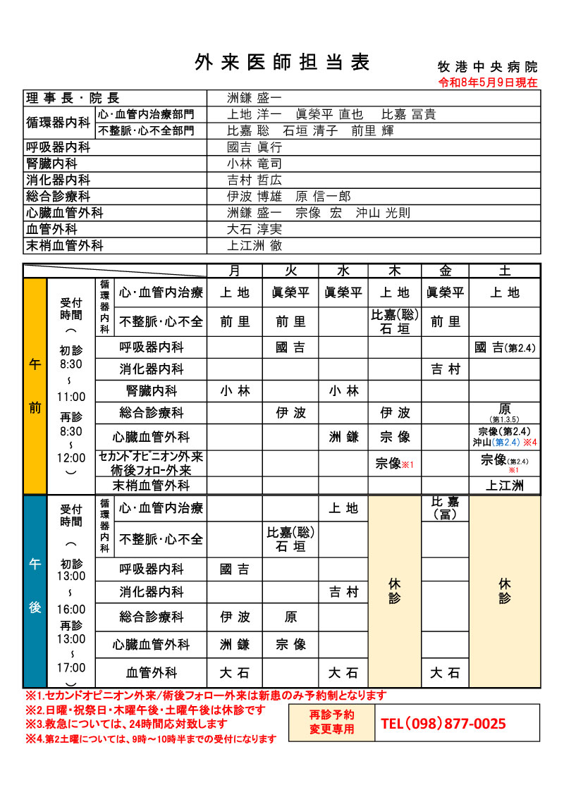 外来医師担当表