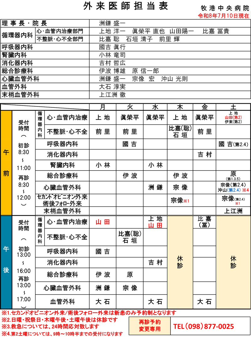 外来医師担当表